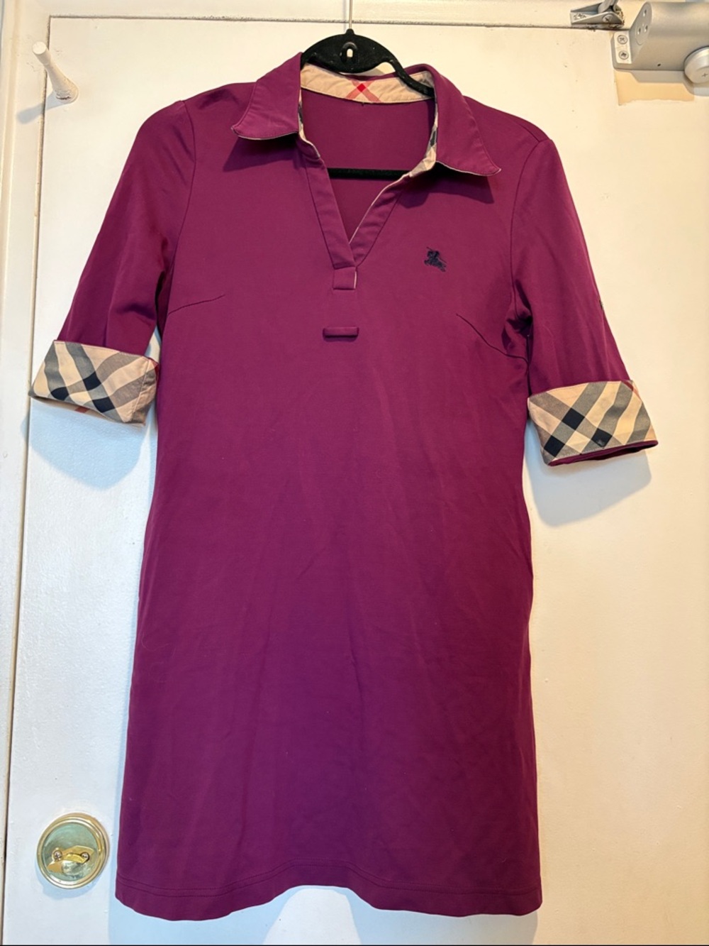Burberry Plum Polo dress with Brass Button Detail and classic check pattern